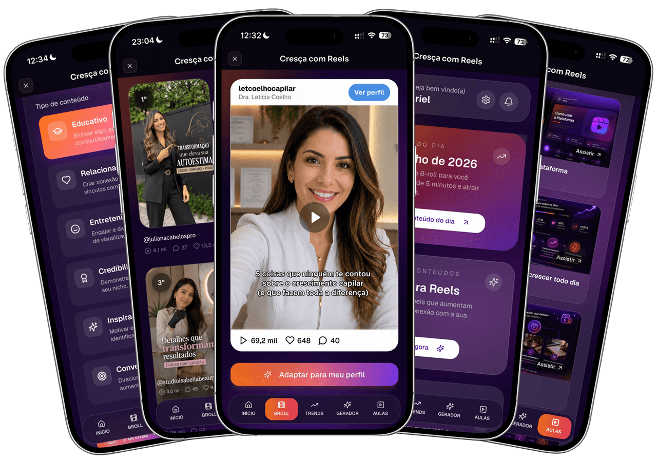 App Cresça com Reels: conteúdo do dia, trends, gerador e aulas